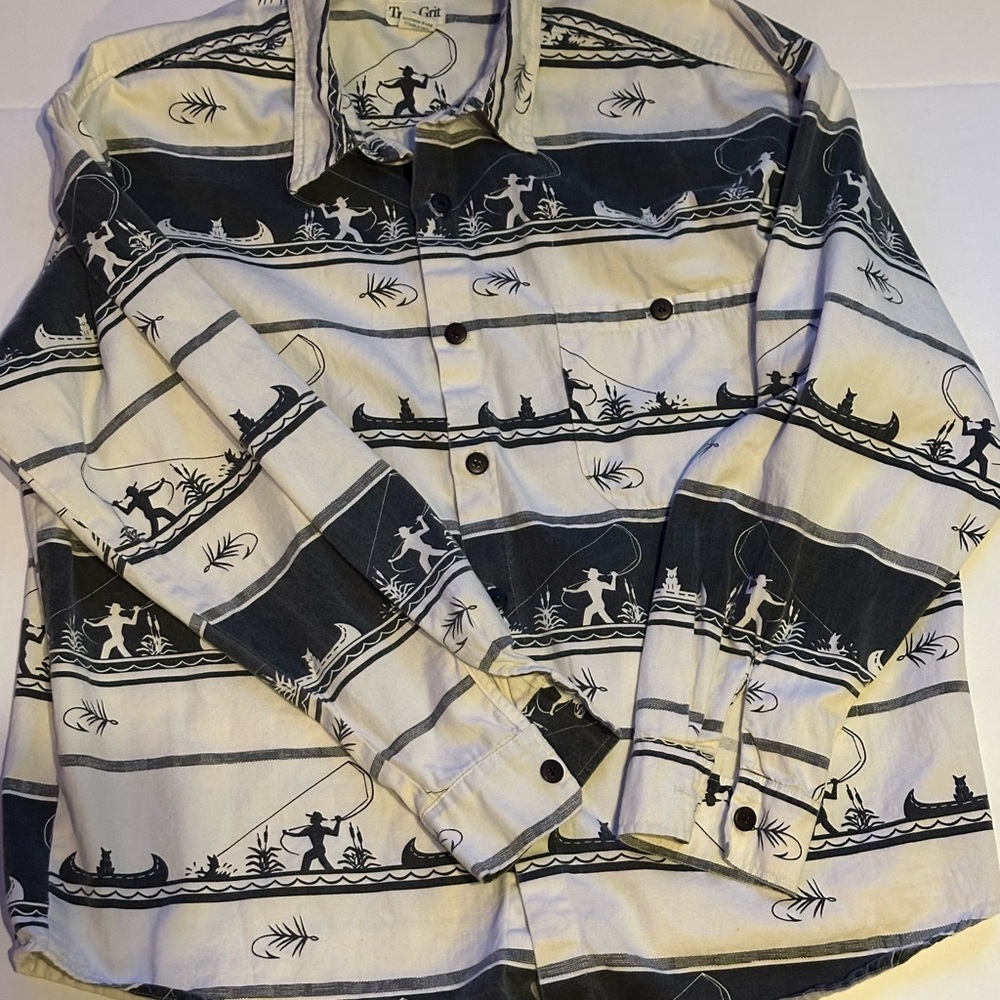 True Grit Black and Cream Fishing Pattern  Shirt, XL